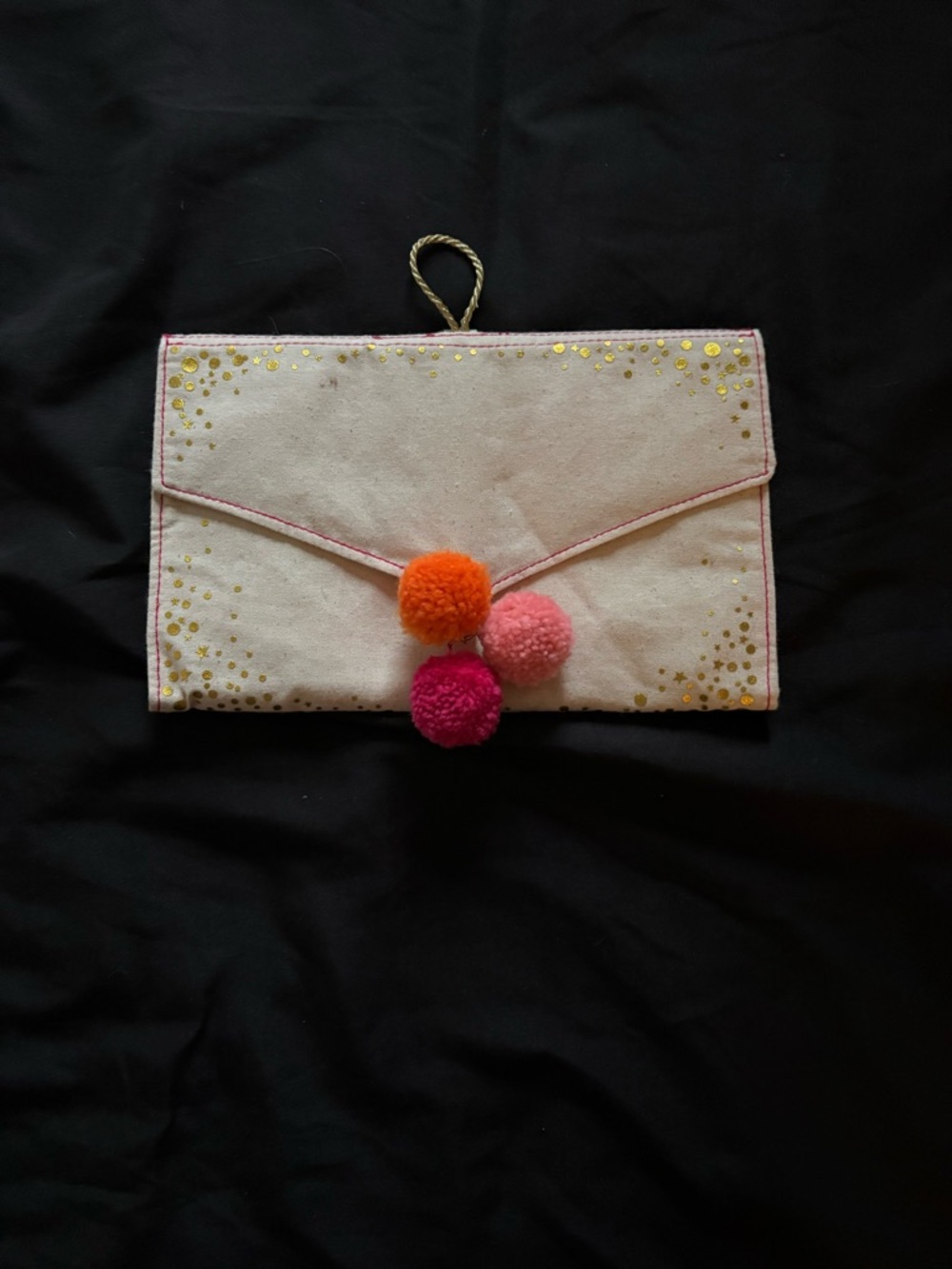 Anthropologie Cream Clutch with Pink, Orange & Magenta Pom Poms